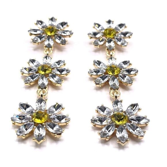 Yellow Gold with White and Yellow Crystal Daisy Flower Post Back Earrings - Picture 2 of 6